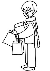 ショッピング・セールでたくさんの買い物をして、満足な表情をした男性の手描き線画イラスト