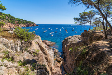 Views of the coast near Tamariu beach with boats.