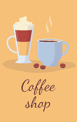 Coffee shop poster or banner with coffee beverages flat vector illustration.