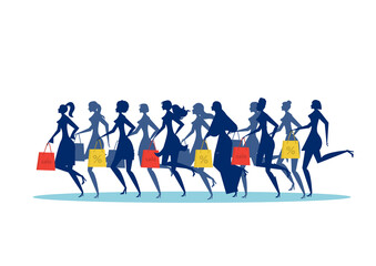 Many woman silhouette running  with shopping bags. Black friday sale  Vector illustration. Isolated on white background