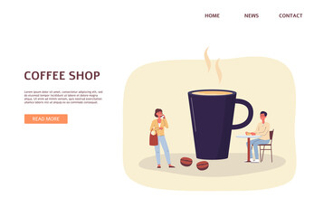 Coffee shop web banner mockup with mug of coffee, flat vector illustration.