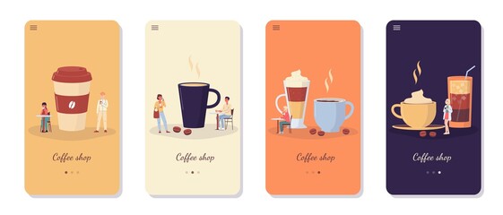 Coffee shop app banner set - people drinking hot and iced drinks