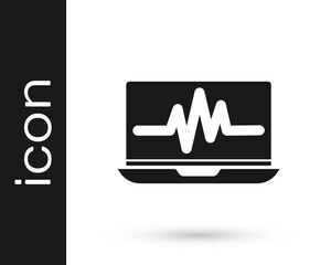 Grey Laptop with cardiogram icon isolated on white background. Monitoring icon. ECG monitor with heart beat hand drawn. Vector Illustration.