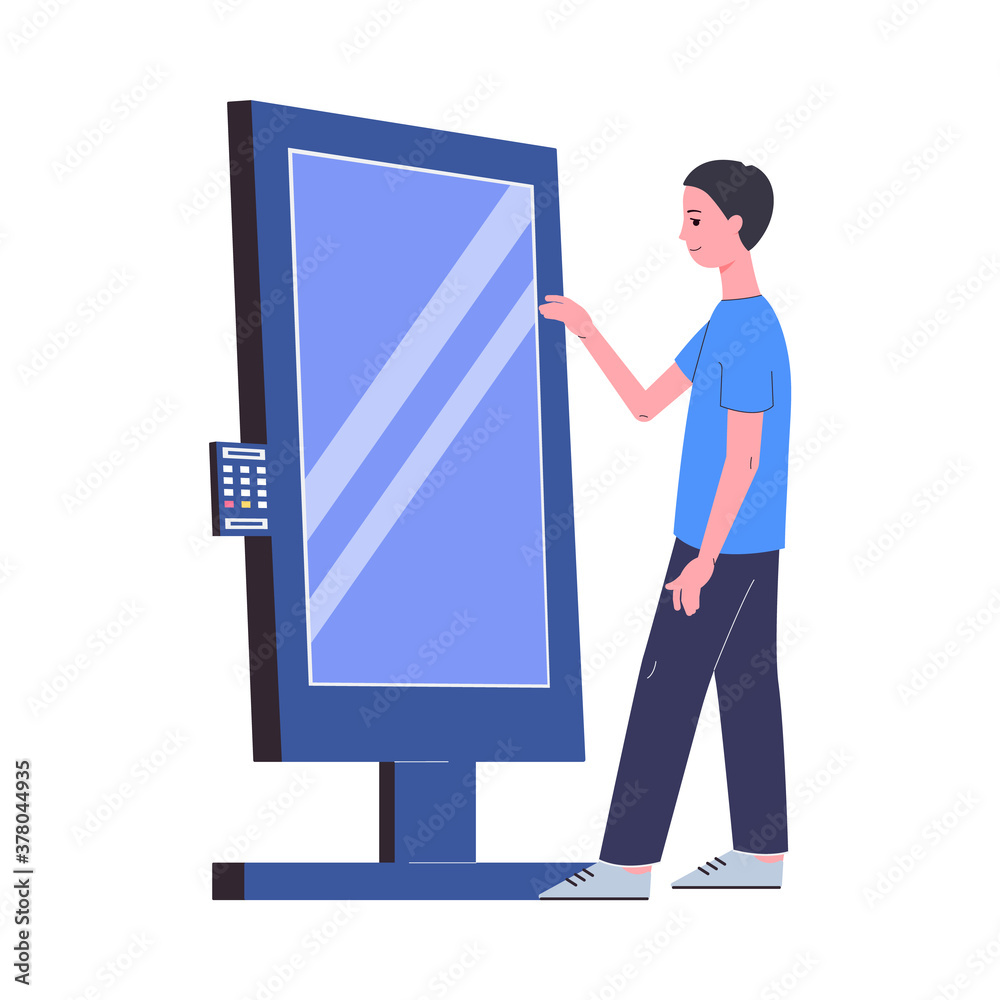 Wall mural man using interactive kiosk stand with display flat vector illustration isolated.