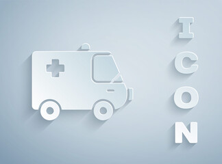 Paper cut Ambulance and emergency car icon isolated on grey background. Ambulance vehicle medical evacuation. Paper art style. Vector Illustration.