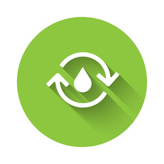 White Recycle clean aqua icon isolated with long shadow. Drop of water with sign recycling. Green circle button. Vector Illustration.