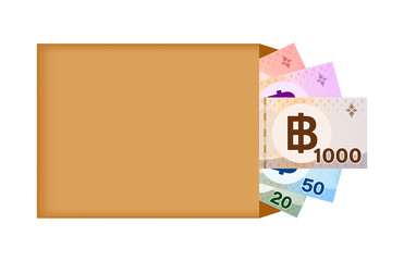 thai baht banknote money in bag paper isolated on white, thai currency banknote THB many in the bag paper brown, money thailand baht for icon, illustration paper money with B symbol graphic