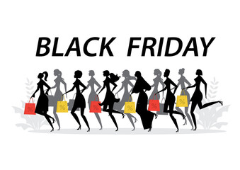 Women silhouettes with holding shopping bags discount percent. black Friday concept vector illustrator