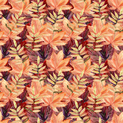 Fototapeta premium Watercolor hand painted seamless pattern with autumn leaves and branches. Perfect for creating unique fall or thanksgiving design on textile or wrapping paper, for background or scrapbooking.