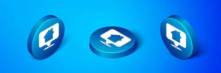 Isometric Map pointer with house icon isolated on blue background. Home location marker symbol. Blue circle button. Vector Illustration.