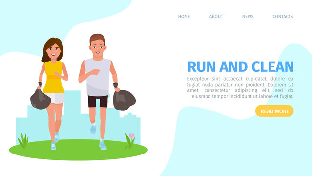 Plogging landing concept vector flat cartoon illustration with a runners. Cleaning garbage marathon or plogging eco challenge presentation, web page or banner template