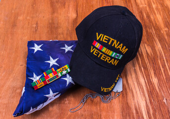 Vietnam Vet American Flag, Hat, Dog Tags And Service Ribbons