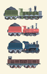 Fototapeta premium Retro steam locomotives set. Old steam powered trains coal trailers classic rail travel with smoke artistic color designs comfortable transportation symbol transport industry. Art cartoon vector.