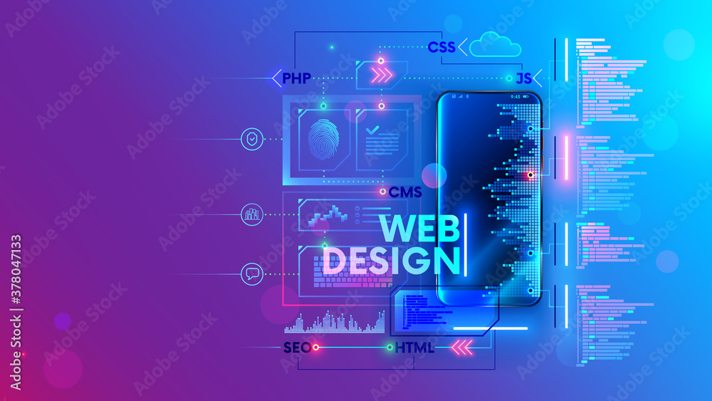 Fototapete Web develop for mobile phone vector concept. Create Software and app for cell smartphones. Programming or coding site code. Working on a web design of corporate website. Process creates webpages.