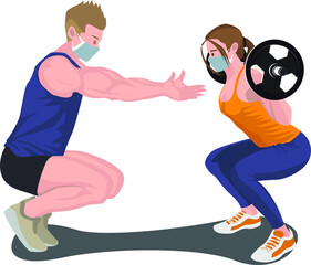 Gym tutor teaching his client how to use barbell illustration