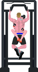 A woman gym tutor helping her boyfriend by giving a weight while doing pull up at gym illustration