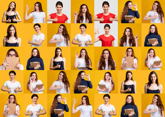 Naklejka na ściany i meble Portrait collage. Female lifestyle. Montage collection of smart ambitious positive women group showing different gestures isolated on orange background. Success confidence.