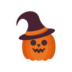 halloween pumpkin face with witch hat flat style icon