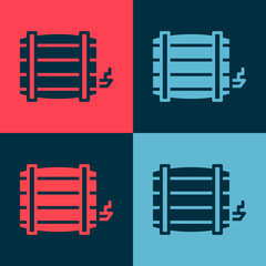 Pop art Wooden barrel icon isolated on color background. Alcohol barrel, drink container, wooden keg for beer, whiskey, wine. Vector.