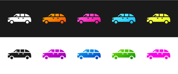 Set Hatchback car icon isolated on black and white background. Vector.