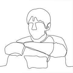 portrait of a man sitting on the floor, his legs bent and elbows on his knees. one continuous line drawing of a tired man, a man sad or thinking