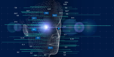 Machine learning. Polygonal technology background with wireframe cyborg head on dark blue. Data science.  Big data. Artificial intelligence concept for business and scientific.