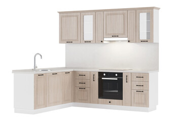 Kitchen. Furniture and kitchen equipment on a white background. 3D rendering.