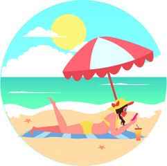 Fototapeta na wymiar Masked woman sunbathing on the beach during holiday illustration