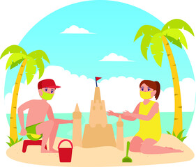 Masked young kids are building a sand castle at the beach during holiday illustration