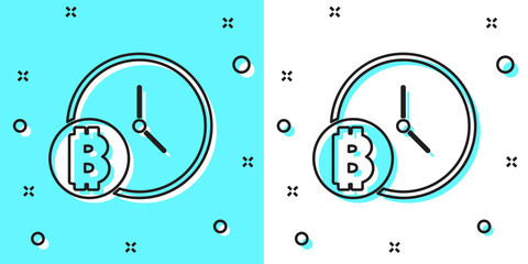 Black line Cryptocurrency coin Bitcoin with clock icon isolated on green and white background. Physical bit coin. Blockchain based secure crypto currency. Random dynamic shapes. Vector.