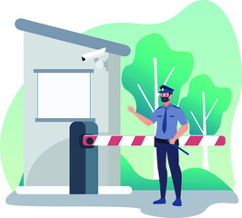 Masked security officer guarding in front of automatic gate as his job duty