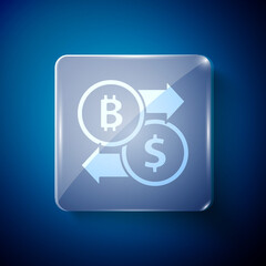 White Cryptocurrency exchange icon isolated on blue background. Bitcoin to dollar exchange icon. Cryptocurrency technology, mobile banking. Square glass panels. Vector.