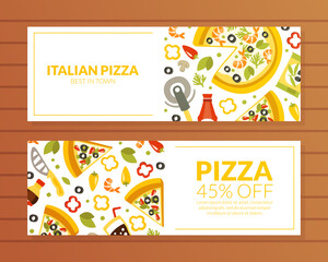 Italian Pizza Best in Town Horizontal Sale Banner Templates Set, Traditional Food Ingredients Seamless Pattern, Food Menu, Cafe Design Element, Leaflet, Flyer, Business Promote Vector Illustration