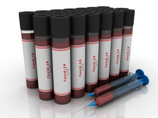 3D illustration covid 19 blood testing sample bottle with syringe