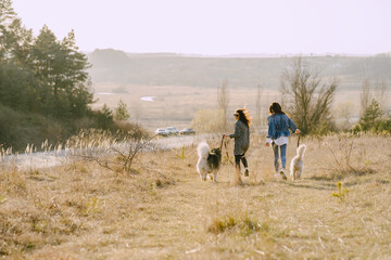 Women in a spring forest. Girls with cute dogs. Stylish friends walks.