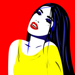 Young woman model in profile in pop art style. Sexy woman for advertising with bright hair.