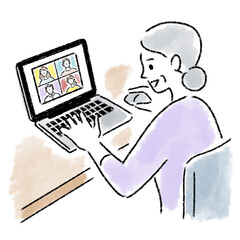 テレワーク　女性　シニア　水彩　手描き

