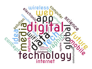 Technology word cloud. Innovative concept. Collage made of words. Vector colorful illustration. Isolated on white background.