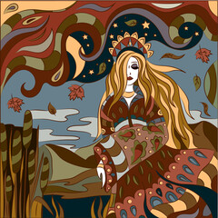 Young woman and nature in abstract fantasy style. Illustration for children's books and fairy tales.