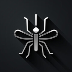 Silver Mosquito icon isolated on black background. Long shadow style. Vector.