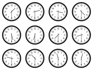 Set of analog wall clocks with black frame and hands. Flat style vector illustration. Simple classic round wall clock with Arab numbers isolated on white background