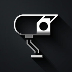 Silver Security camera icon isolated on black background. Long shadow style. Vector.