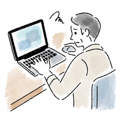 パソコン　男性　ミドルエイジ　困っている　水彩　手描き
