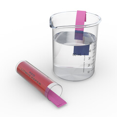 A red litmus paper dipped into an alkaline solution in a 50 ml beaker turns blue. Isolated on white background. 3D illustration.