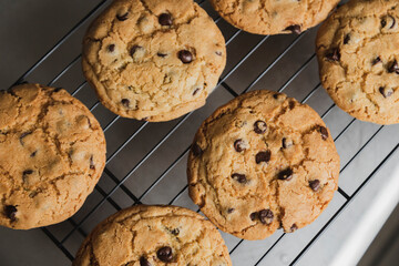 Delicious chocolate chip cookies chilling on the wire rack - homemade cookies fresh from the oven