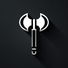 Silver Medieval axe icon isolated on black background. Battle axe, executioner axe. Medieval weapon. Long shadow style. Vector.