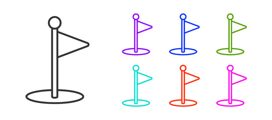 Black line Golf flag icon isolated on white background. Golf equipment or accessory. Set icons colorful. Vector Illustration.