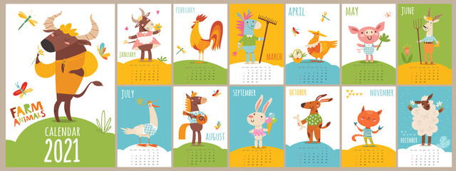 Vector cartoon 2021 calendar with funny farm animals