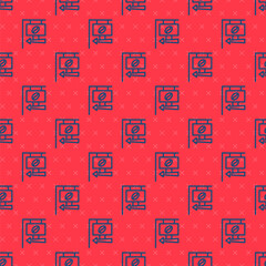 Blue line Street signboard coffee icon isolated seamless pattern on red background. Vector Illustration.