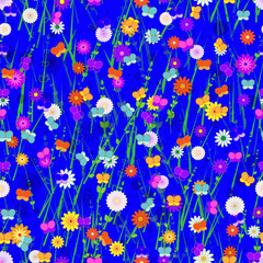 Seamless, Vector Abstract Image of Stylized Butterflies, Flowers and Grass On a Bright Blue Background. Application in Design Possible